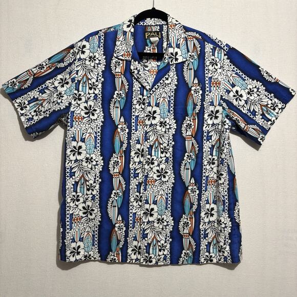 VTG Pali Collection Hawaiiian Shirt Men’s Large Blue Surfboard Lei Hibiscus Rare - Picture 1 of 7